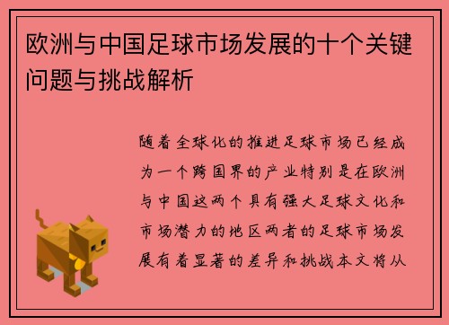 欧洲与中国足球市场发展的十个关键问题与挑战解析